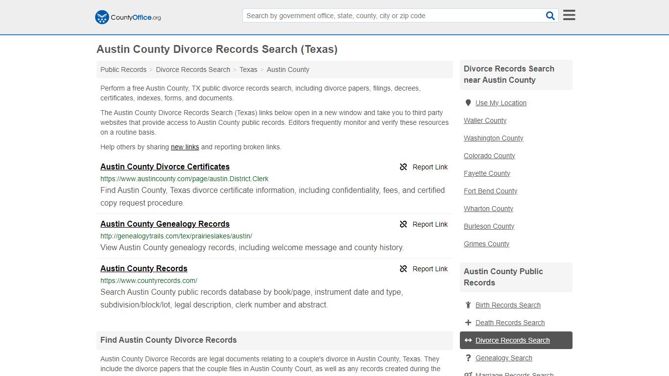 Austin County Divorce Records Search (Texas) - County Office